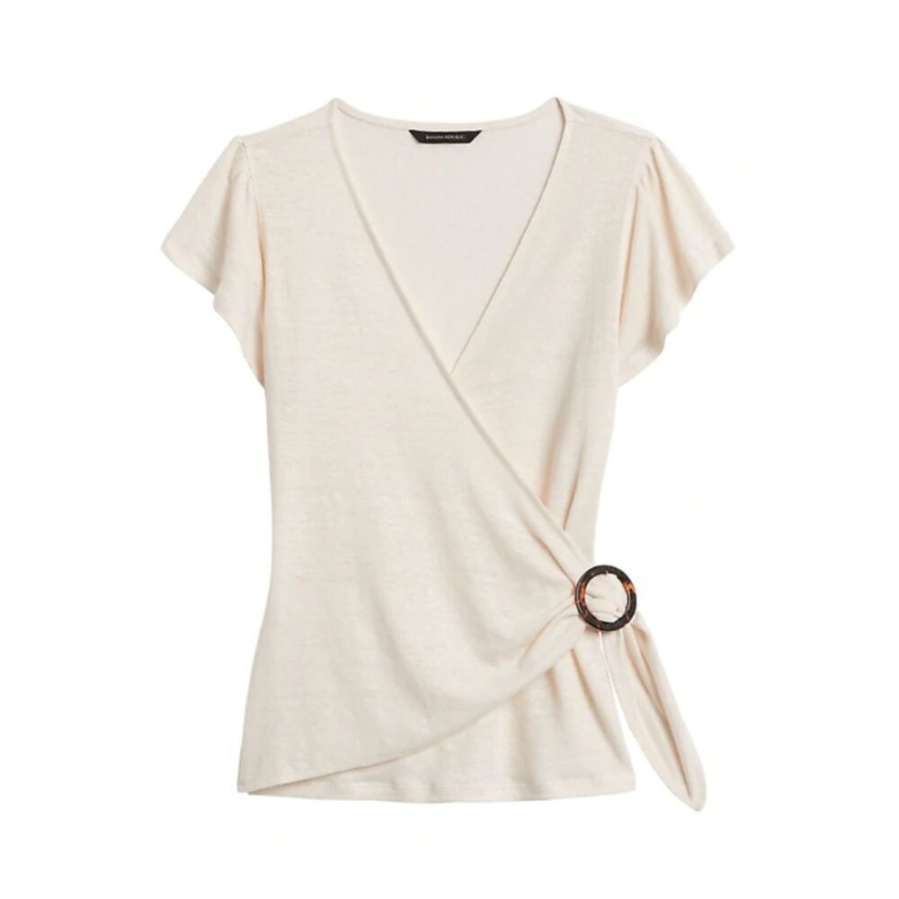 Beige Banana Republic Linen Wrap-Front Flutter Sleeve Top (NWT)